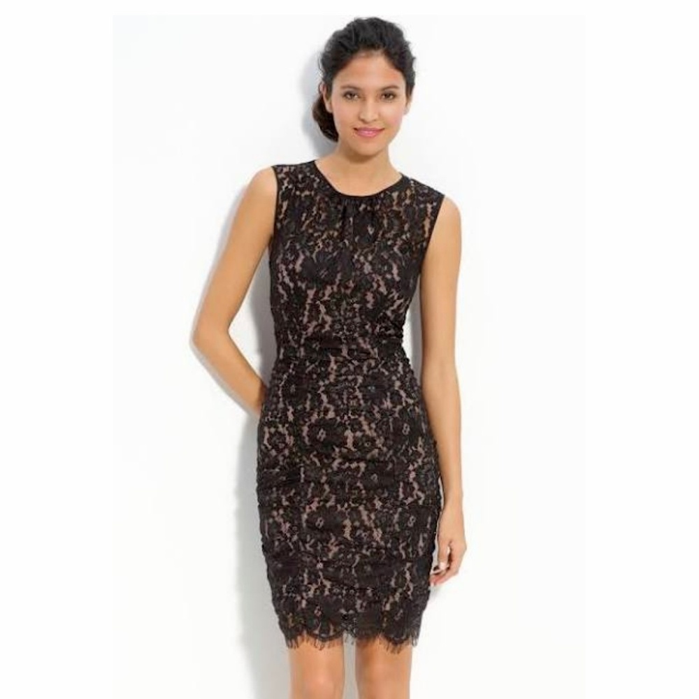 Eliza J‎ Black Lace Ruched Sheath Dress sz 10